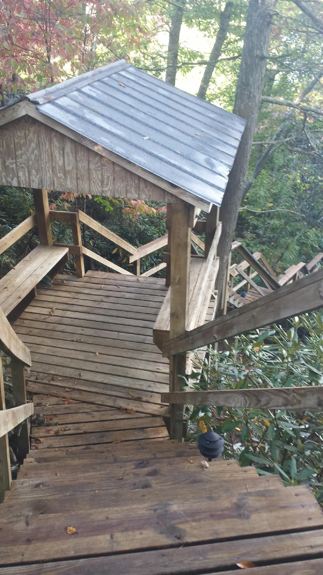 Metal roofed shelter over wooden steps on a wooded walkway — Skylight Repair & Installation work by our crew in Helendale